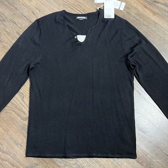 Zadig & Voltaire Mens Monastir Merino Wool V-Neck Black Skull Back Sweater - Picture 3 of 6